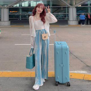 Set: Lace-up Lace Cardigan + Camisole + Tie-dye Wide-leg Pants