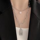 Embossed Pendant Faux Pearl Layered Stainless Steel Necklace Silver - One Size