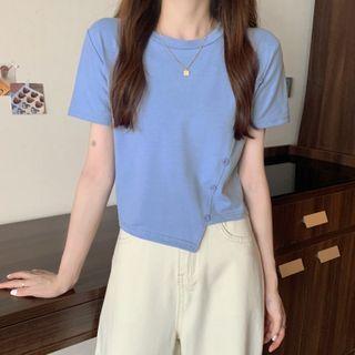 Short-sleeve Asymmetrical Button-up Crop Top