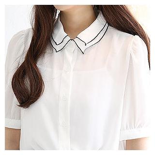 Contrast-trim Collar Puff-sleeve Blouse