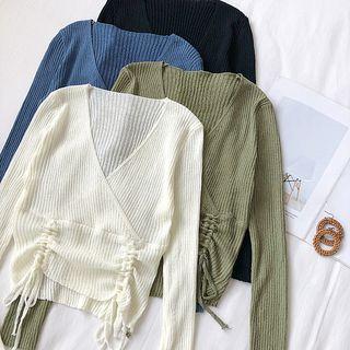 V-neck Drawstring Long-sleeve Light Knit Top