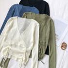 V-neck Drawstring Long-sleeve Light Knit Top