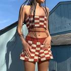 Set: Plaid Lace-up Crop Camisole Top + Shorts