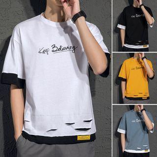 Short-sleeve Letter Printed Ripped T-shirt
