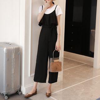 Suspender Wide Leg Pants / Short-sleeve T-shirt / Set