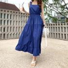Frilled-strap Maxi Tiered Sundress Navy Blue - One Size