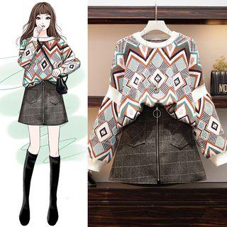 Set: Patterned Sweater + Checked Mini A-line Skirt