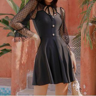 Dotted Mesh Panel Bell-sleeve Swim Dress