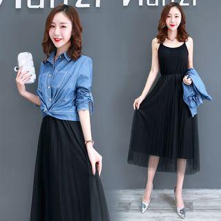 Set: Denim Shirt + Spaghetti Strap Mesh Overlay Miid Dress