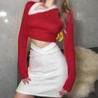 Long-sleeve Fluffy Trim Cropped Knit Top