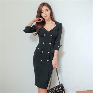 3/4-sleeve Button-detail Dress