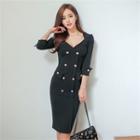 3/4-sleeve Button-detail Dress