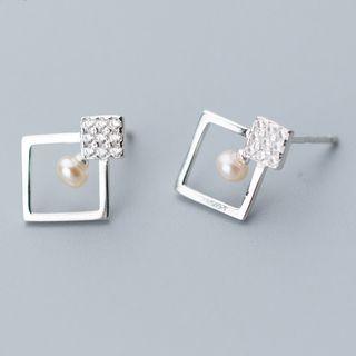 925 Sterling Silver Faux Pearl Rhinestone Square Earring