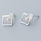 925 Sterling Silver Faux Pearl Rhinestone Square Earring