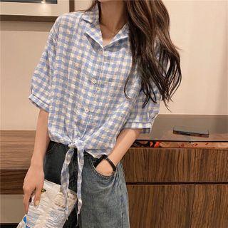 Elbow-sleeve Checked Tie-waist Shirt