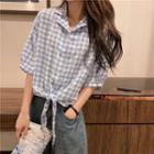 Elbow-sleeve Checked Tie-waist Shirt