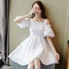 Star Embroidered Short-sleeve Cold-shoulder A-line Cocktail Dress