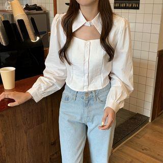 Cutout Long-sleeve Blouse White - One Size