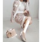 Set: Fray-edge Houndstooth Cardigan + Button-detail Skirt Beige - One Size