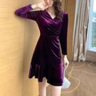 Velvet Long-sleeve Ruffle Hem Mini Dress