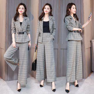 Set: Plaid Belted Blazer + Wide-leg Pants