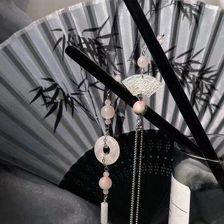 Fan / Faux Gemstone Wooden Hair Stick Pink & Black - One Size