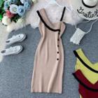Contrast-trim Asymmetric-shoulder Knit Dress