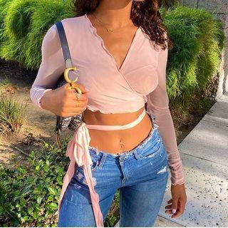 Plain V-neck Ruffled-trim Cropped Top