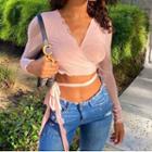 Plain V-neck Ruffled-trim Cropped Top