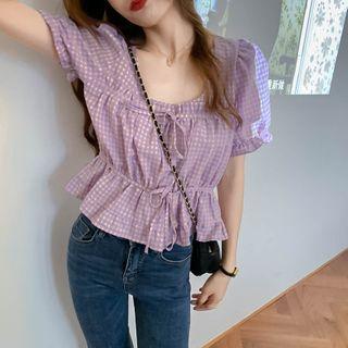 Plaid Lace Up Short-sleeved Shirt