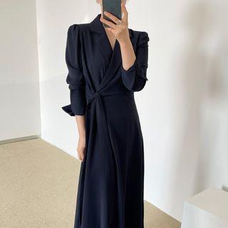 Long-sleeve Drawstring Plain Dress Navy Blue - One Size