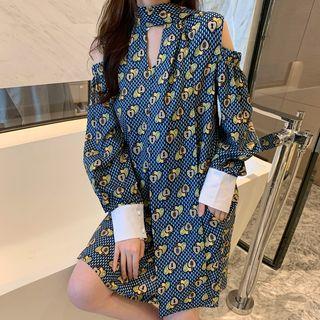 Long-sleeve Cold-shoulder Printed Chiffon Dress