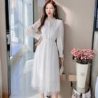 Long-sleeve Plain Lace Mesh A-line Dress