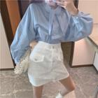 Balloon-sleeve Blouse / A-line Tweed Skirt