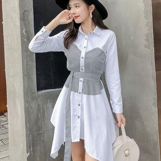 Long-sleeve Striped Panel Shirt Dress