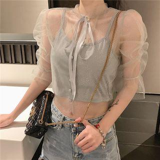 Set: Cropped Camisole Top + Rhinestone Elbow-sleeve Bow Mesh Top