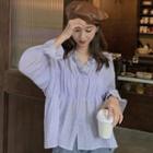 Flared-cuff Ruffle Trim Crinkle Blouse