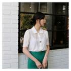 Metal-button Shirred Blouse White - One Size