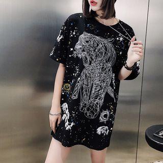 Elbow-sleeve Tiger Print Mini T-shirt Dress