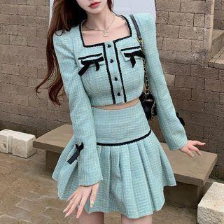 Ribbon Accent Button-up Crop Top / Pleated Mini A-line Skirt