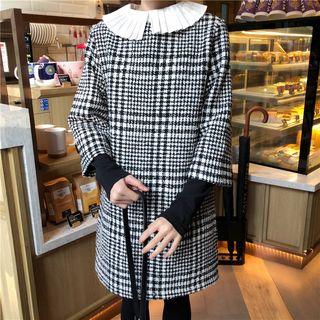 Plaid 3/4-sleeve Collared Dress Black - One Size