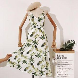 Spaghetti Strap Pineapple Print Midi A-line Dress