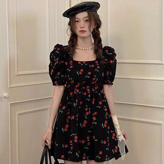 Puff-sleeve Square Neck Cherry Print Mini A-line Dress