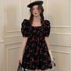 Puff-sleeve Square Neck Cherry Print Mini A-line Dress