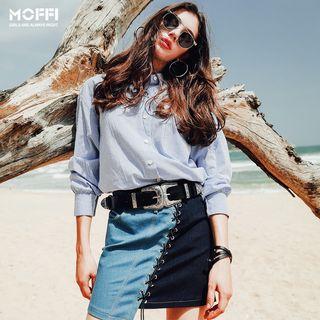 Color Panel Asymmetric Hem Denim Skirt