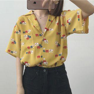 Elephant Print Short-sleeve Chiffon Shirt