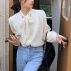Long-sleeve Bow-accent Loose-fit Blouse Almond - One Size