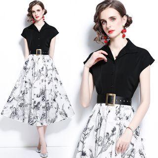 Set: Cap-sleeve Print Shirt + A-line Skirt