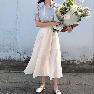 Short-sleeve Sailor Collar Top / Pleated Midi Skirt