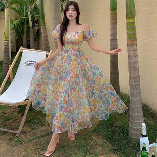 Cold-shoulder Flower Print Maxi A-line Dress